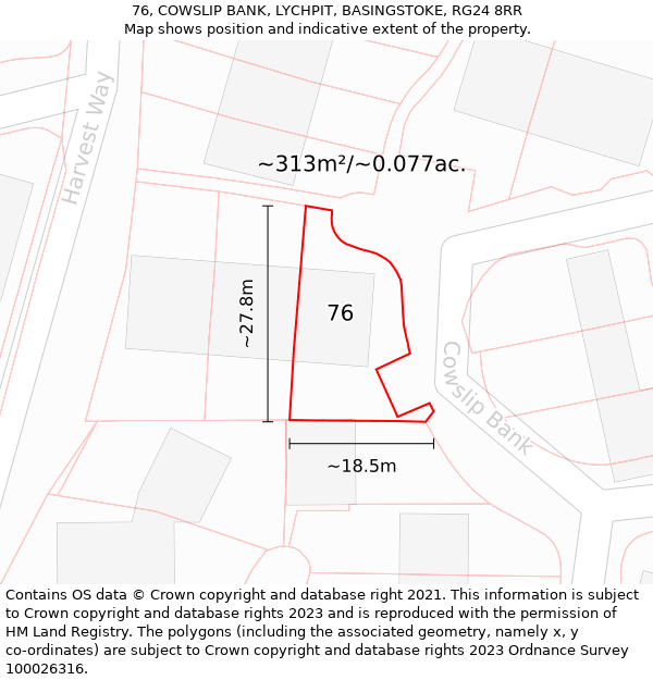 76, COWSLIP BANK, LYCHPIT, BASINGSTOKE, RG24 8RR: Plot and title map