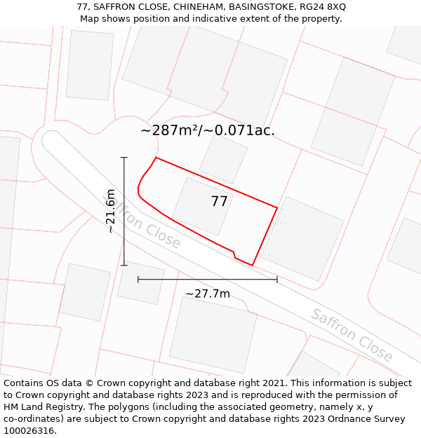 77, SAFFRON CLOSE, CHINEHAM, BASINGSTOKE, RG24 8XQ: Plot and title map