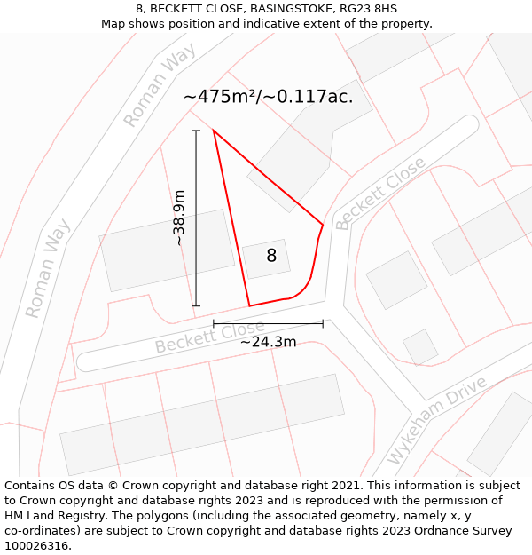 8, BECKETT CLOSE, BASINGSTOKE, RG23 8HS: Plot and title map