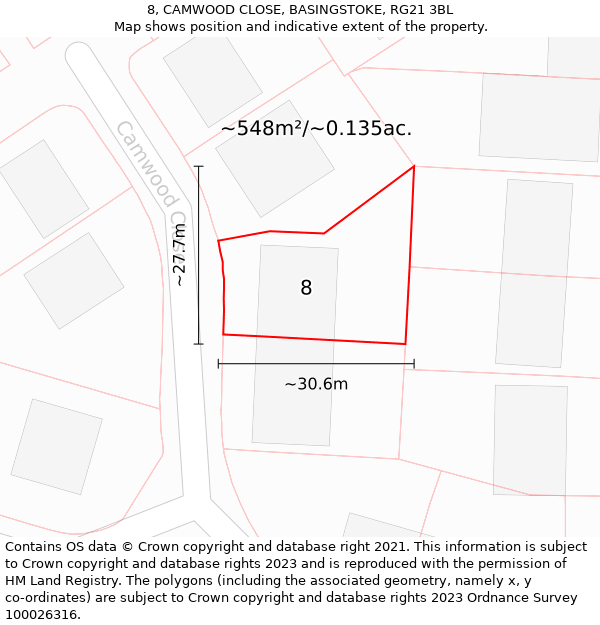 8, CAMWOOD CLOSE, BASINGSTOKE, RG21 3BL: Plot and title map