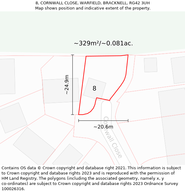 8, CORNWALL CLOSE, WARFIELD, BRACKNELL, RG42 3UH: Plot and title map