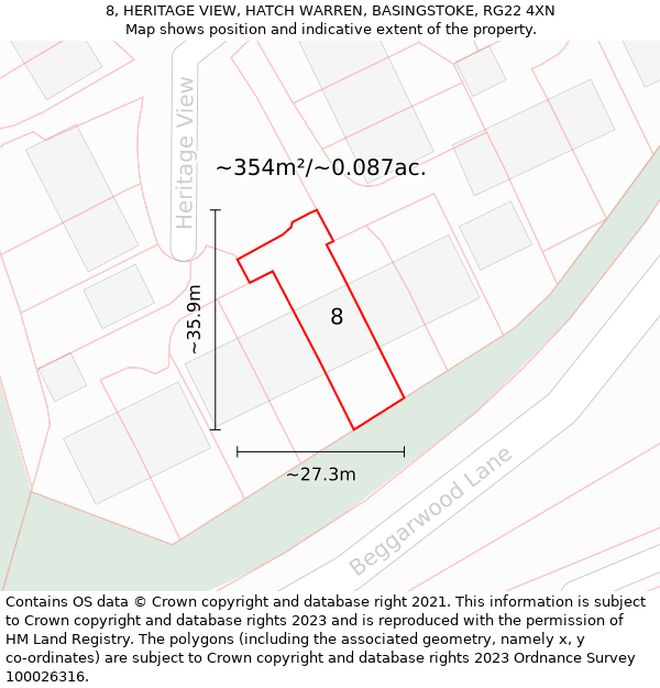 8, HERITAGE VIEW, HATCH WARREN, BASINGSTOKE, RG22 4XN: Plot and title map