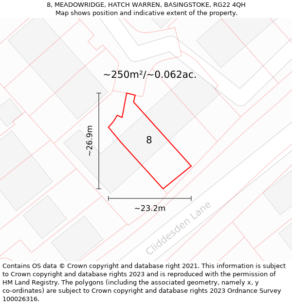 8, MEADOWRIDGE, HATCH WARREN, BASINGSTOKE, RG22 4QH: Plot and title map