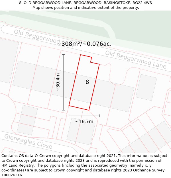 8, OLD BEGGARWOOD LANE, BEGGARWOOD, BASINGSTOKE, RG22 4WS: Plot and title map