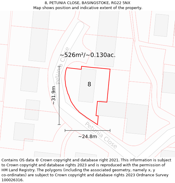 8, PETUNIA CLOSE, BASINGSTOKE, RG22 5NX: Plot and title map