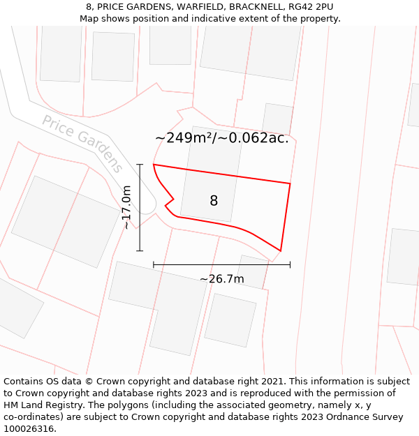 8, PRICE GARDENS, WARFIELD, BRACKNELL, RG42 2PU: Plot and title map
