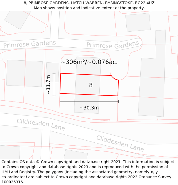 8, PRIMROSE GARDENS, HATCH WARREN, BASINGSTOKE, RG22 4UZ: Plot and title map