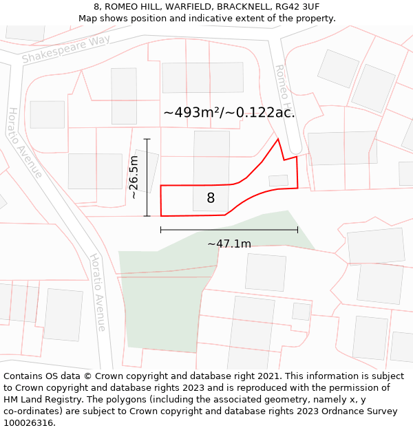 8, ROMEO HILL, WARFIELD, BRACKNELL, RG42 3UF: Plot and title map