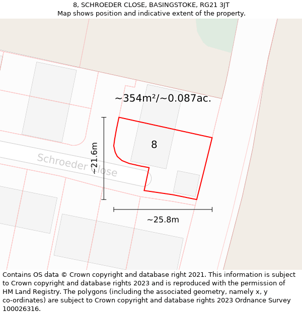 8, SCHROEDER CLOSE, BASINGSTOKE, RG21 3JT: Plot and title map