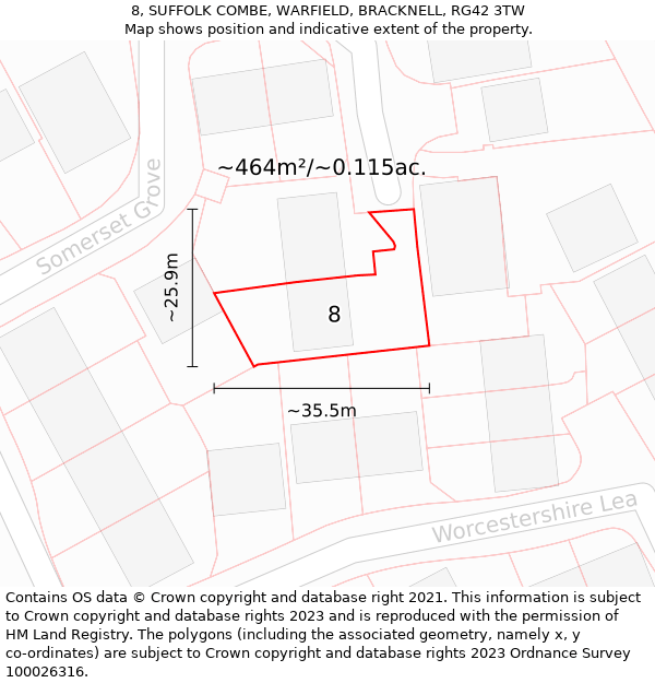 8, SUFFOLK COMBE, WARFIELD, BRACKNELL, RG42 3TW: Plot and title map