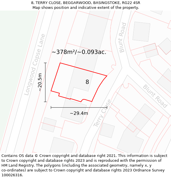 8, TERRY CLOSE, BEGGARWOOD, BASINGSTOKE, RG22 4SR: Plot and title map