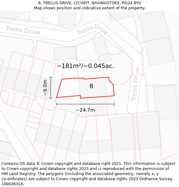 8, TRELLIS DRIVE, LYCHPIT, BASINGSTOKE, RG24 8YU: Plot and title map