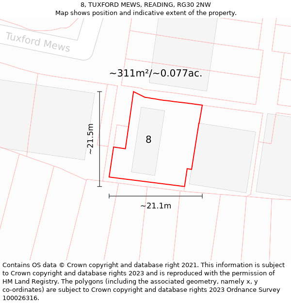 8, TUXFORD MEWS, READING, RG30 2NW: Plot and title map