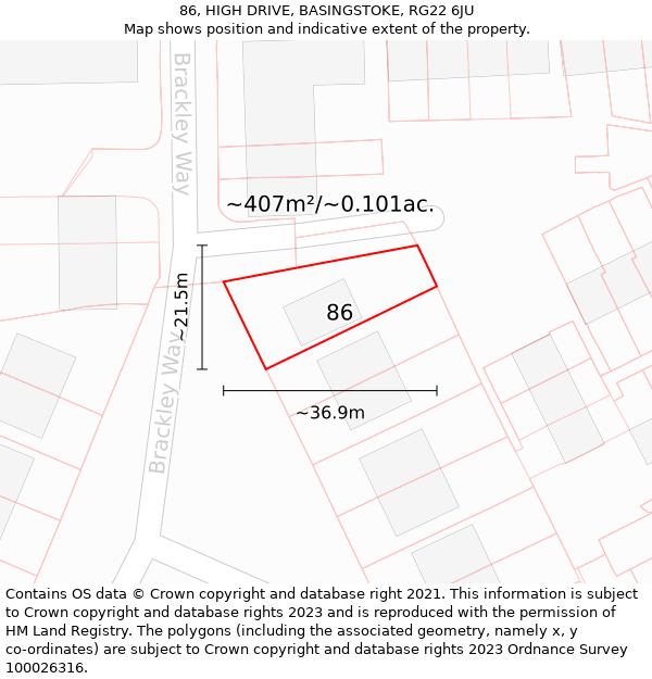 86, HIGH DRIVE, BASINGSTOKE, RG22 6JU: Plot and title map