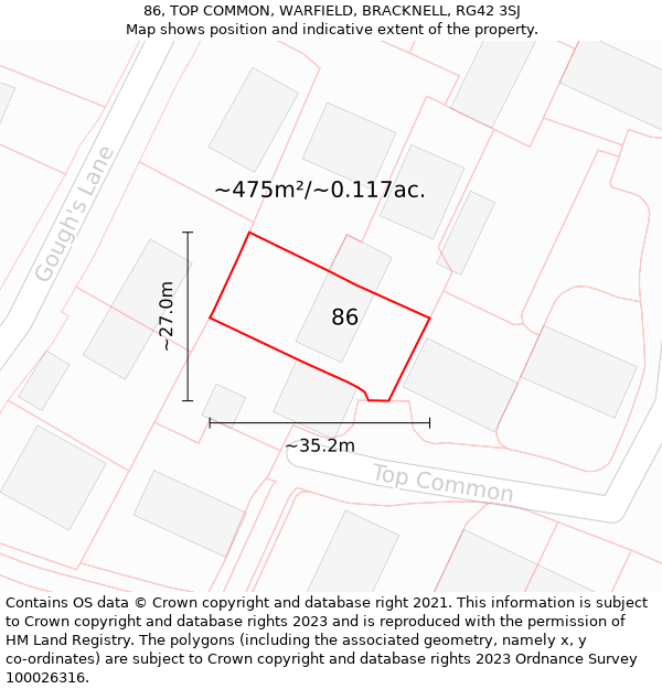 86, TOP COMMON, WARFIELD, BRACKNELL, RG42 3SJ: Plot and title map