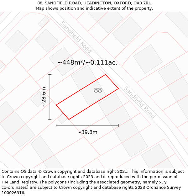 88, SANDFIELD ROAD, HEADINGTON, OXFORD, OX3 7RL: Plot and title map