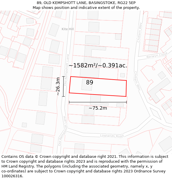 89, OLD KEMPSHOTT LANE, BASINGSTOKE, RG22 5EP: Plot and title map