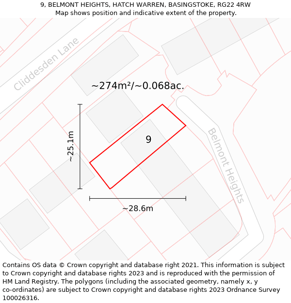 9, BELMONT HEIGHTS, HATCH WARREN, BASINGSTOKE, RG22 4RW: Plot and title map