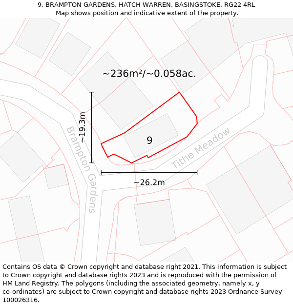 9, BRAMPTON GARDENS, HATCH WARREN, BASINGSTOKE, RG22 4RL: Plot and title map