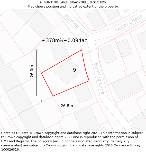 9, BUNTING LANE, BRACKNELL, RG12 8DX: Plot and title map