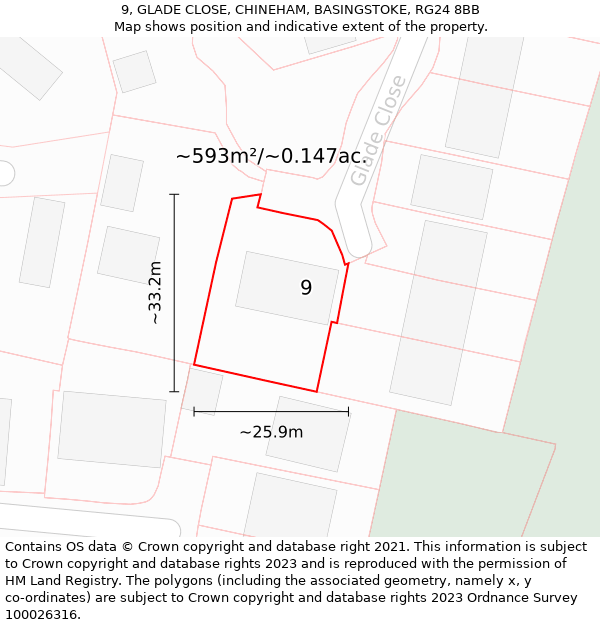 9, GLADE CLOSE, CHINEHAM, BASINGSTOKE, RG24 8BB: Plot and title map