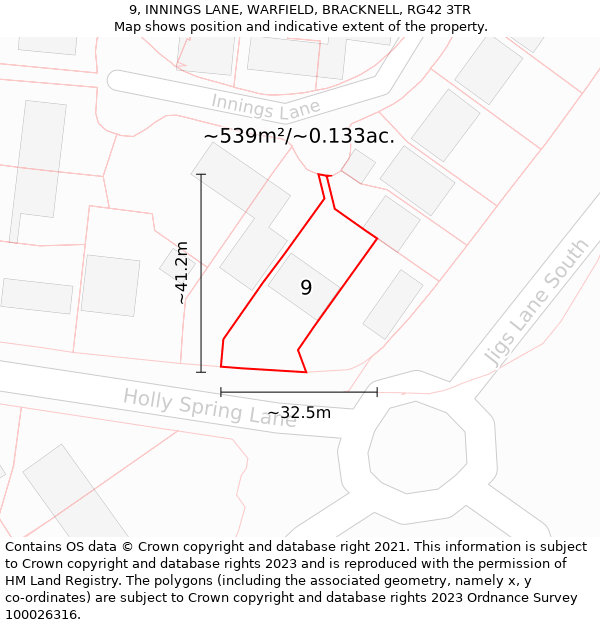 9, INNINGS LANE, WARFIELD, BRACKNELL, RG42 3TR: Plot and title map