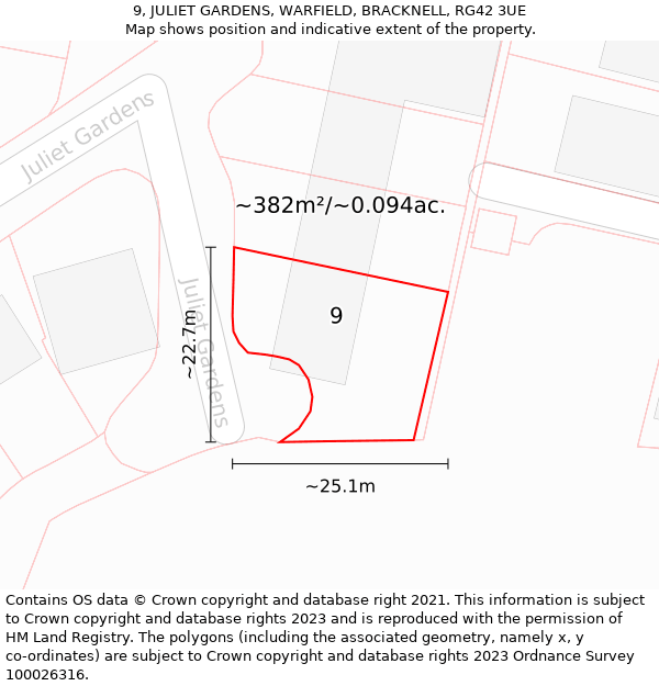 9, JULIET GARDENS, WARFIELD, BRACKNELL, RG42 3UE: Plot and title map