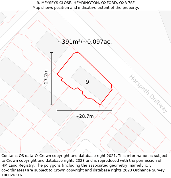 9, MEYSEYS CLOSE, HEADINGTON, OXFORD, OX3 7SF: Plot and title map