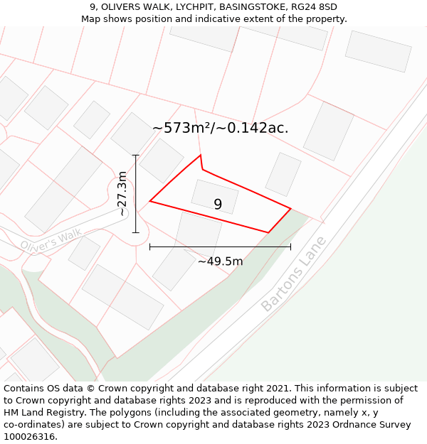 9, OLIVERS WALK, LYCHPIT, BASINGSTOKE, RG24 8SD: Plot and title map