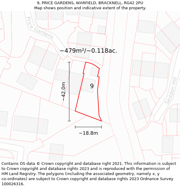 9, PRICE GARDENS, WARFIELD, BRACKNELL, RG42 2PU: Plot and title map