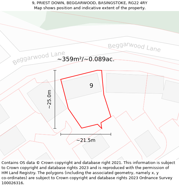 9, PRIEST DOWN, BEGGARWOOD, BASINGSTOKE, RG22 4RY: Plot and title map