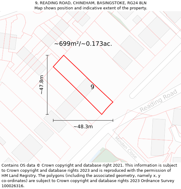 9, READING ROAD, CHINEHAM, BASINGSTOKE, RG24 8LN: Plot and title map