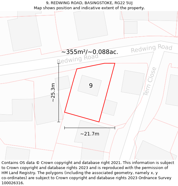 9, REDWING ROAD, BASINGSTOKE, RG22 5UJ: Plot and title map