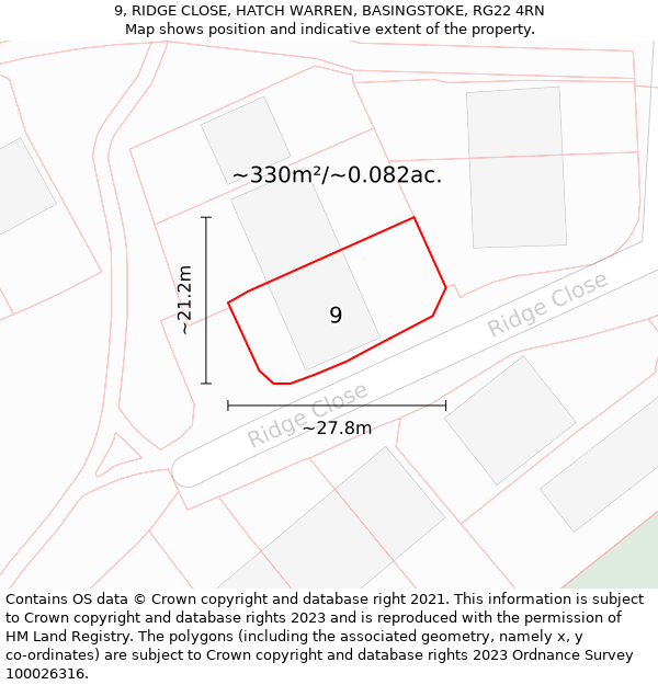 9, RIDGE CLOSE, HATCH WARREN, BASINGSTOKE, RG22 4RN: Plot and title map