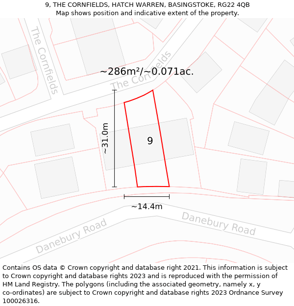 9, THE CORNFIELDS, HATCH WARREN, BASINGSTOKE, RG22 4QB: Plot and title map