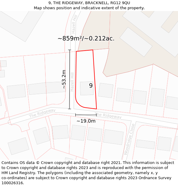 9, THE RIDGEWAY, BRACKNELL, RG12 9QU: Plot and title map