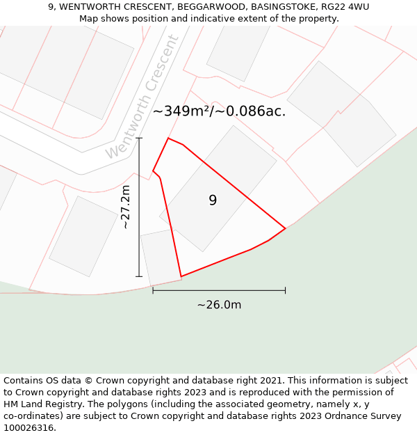 9, WENTWORTH CRESCENT, BEGGARWOOD, BASINGSTOKE, RG22 4WU: Plot and title map