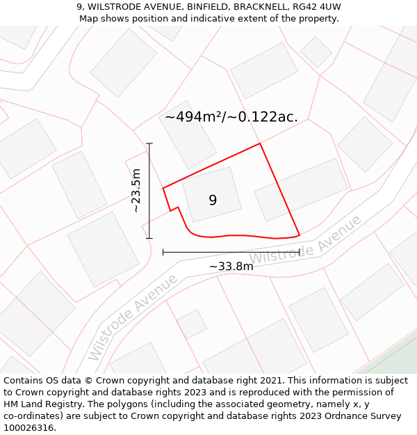 9, WILSTRODE AVENUE, BINFIELD, BRACKNELL, RG42 4UW: Plot and title map