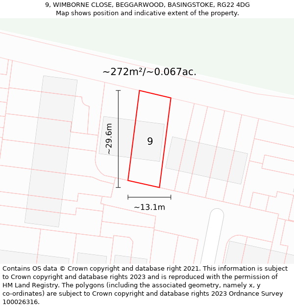 9, WIMBORNE CLOSE, BEGGARWOOD, BASINGSTOKE, RG22 4DG: Plot and title map