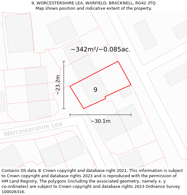 9, WORCESTERSHIRE LEA, WARFIELD, BRACKNELL, RG42 3TQ: Plot and title map