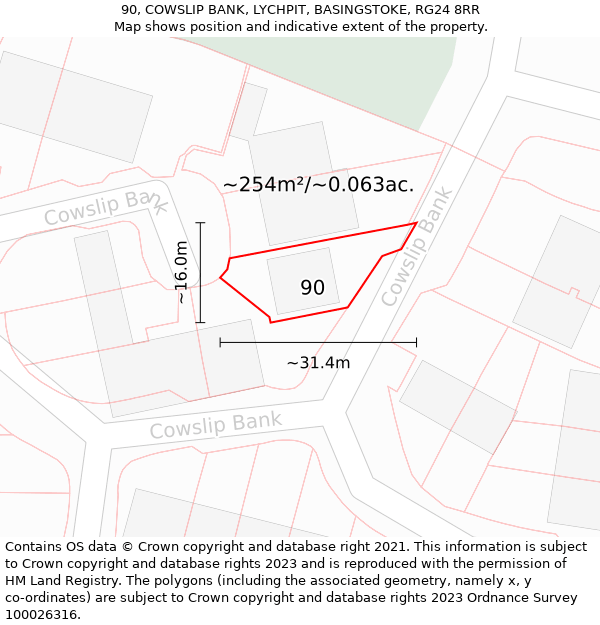 90, COWSLIP BANK, LYCHPIT, BASINGSTOKE, RG24 8RR: Plot and title map