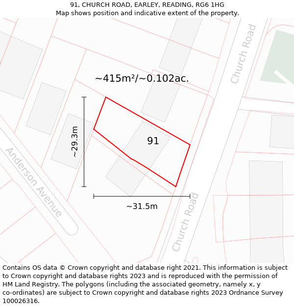 91, CHURCH ROAD, EARLEY, READING, RG6 1HG: Plot and title map
