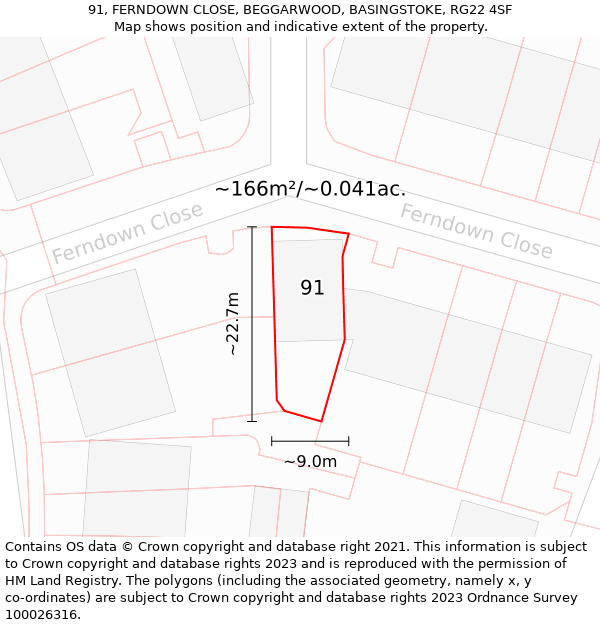 91, FERNDOWN CLOSE, BEGGARWOOD, BASINGSTOKE, RG22 4SF: Plot and title map