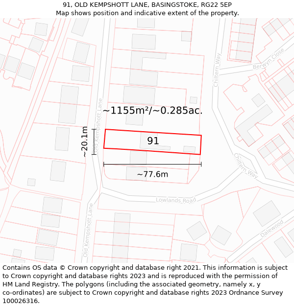 91, OLD KEMPSHOTT LANE, BASINGSTOKE, RG22 5EP: Plot and title map