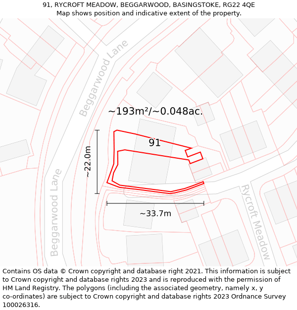 91, RYCROFT MEADOW, BEGGARWOOD, BASINGSTOKE, RG22 4QE: Plot and title map