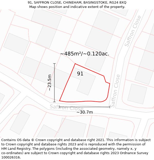 91, SAFFRON CLOSE, CHINEHAM, BASINGSTOKE, RG24 8XQ: Plot and title map