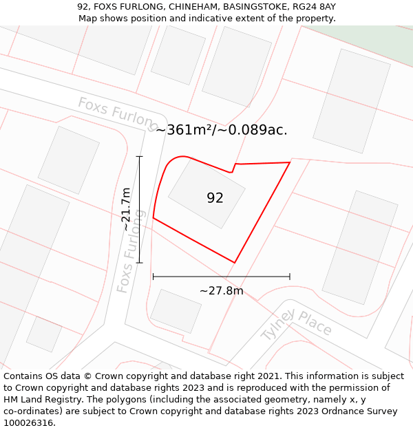 92, FOXS FURLONG, CHINEHAM, BASINGSTOKE, RG24 8AY: Plot and title map