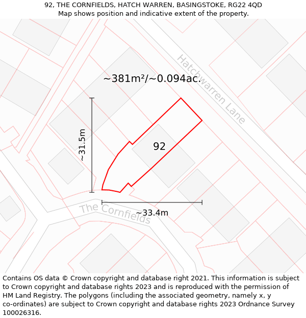 92, THE CORNFIELDS, HATCH WARREN, BASINGSTOKE, RG22 4QD: Plot and title map