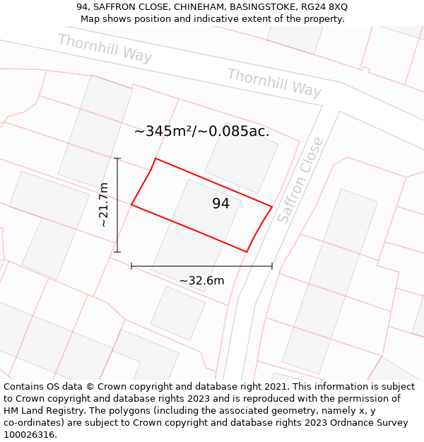 94, SAFFRON CLOSE, CHINEHAM, BASINGSTOKE, RG24 8XQ: Plot and title map