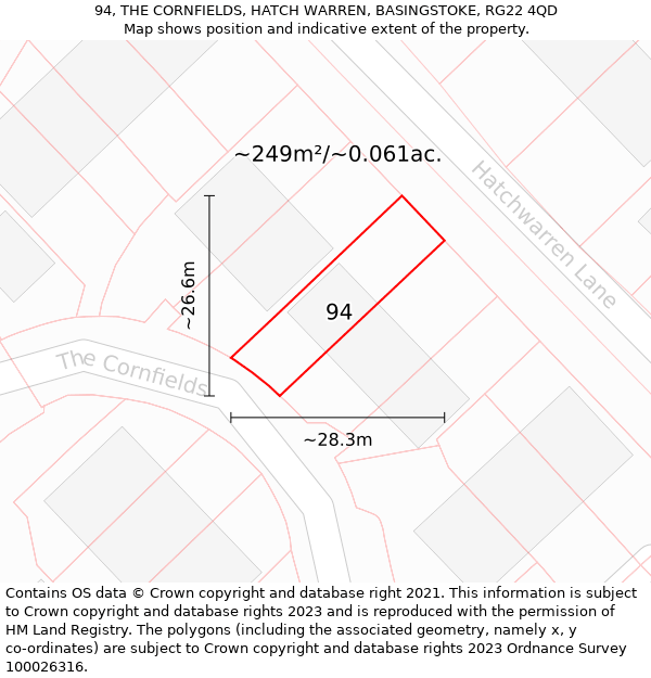 94, THE CORNFIELDS, HATCH WARREN, BASINGSTOKE, RG22 4QD: Plot and title map